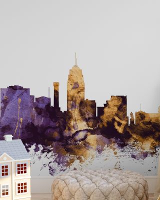 Lansing Michigan Skyline Purple & Gold Wallpaper