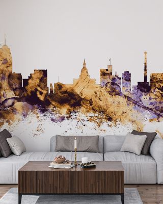 Lansing Michigan Skyline Purple & Gold Wallpaper