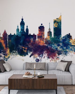 Leipzig Germany Skyline Blue & Bronze Wallpaper
