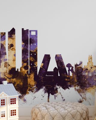 Madrid Skyline Purple & Gold Wallpaper