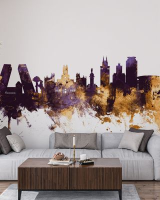 Madrid Skyline Purple & Gold Wallpaper
