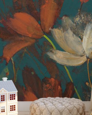 Moonlight Garden I Spice on Teal Floral Wallpaper