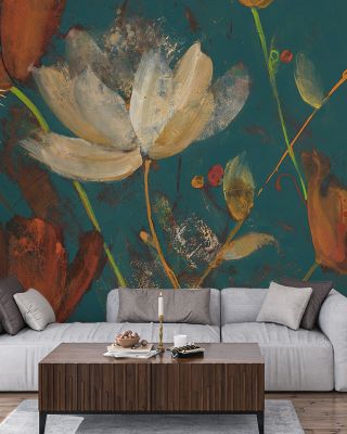 Moonlight Garden I Spice on Teal Floral Wallpaper