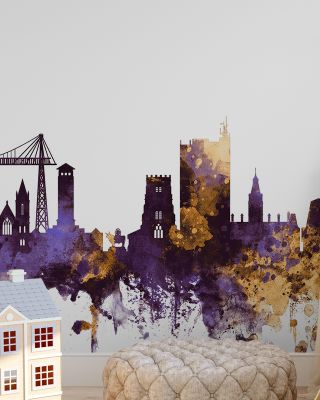 Newport Wales Skyline Purple & Gold Wallpaper