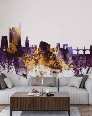 Newport Wales Skyline Purple & Gold Wallpaper