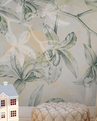 Green Orchids on Water Floral Wallpaper