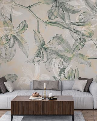 Green Orchids on Water Floral Wallpaper
