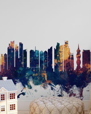 Panama City Skyline Blue & Bronze Wallpaper