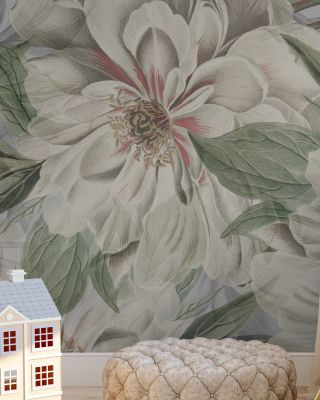 Peony Study - Pearl and Green Floral Wallpaper