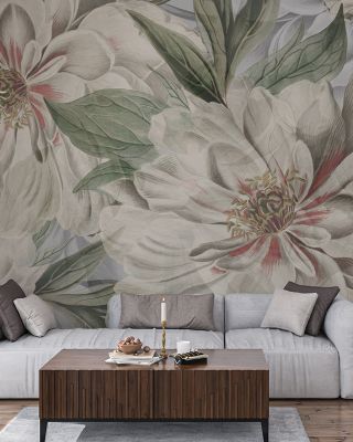 Peony Study - Pearl and Green Floral Wallpaper