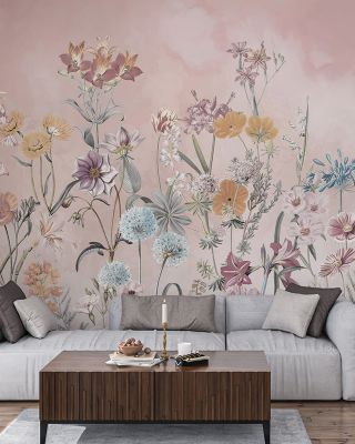 Summer Meadow in Peach Floral Wallpaper