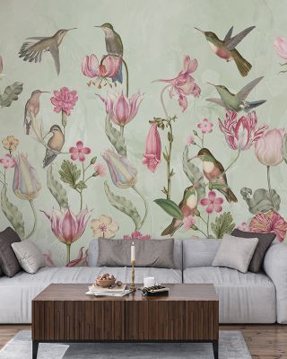 Tulips & Birds, Mint Floral Wallpaper
