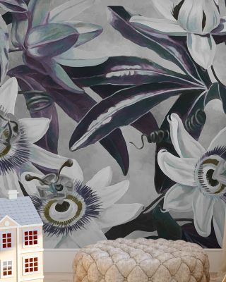 White Passiflora Muted Green Floral Wallpaper