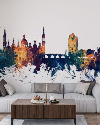 Zaragoza Spain Skyline Blue & Bronze Wallpaper