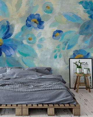 Blue Flowers Whisper I Delicate Floral Wallpaper