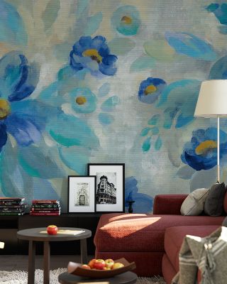 Blue Flowers Whisper I Delicate Floral Wallpaper