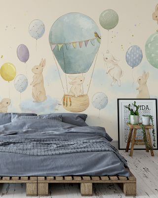 Rabbits & Balloons Whimsical Wallpaper