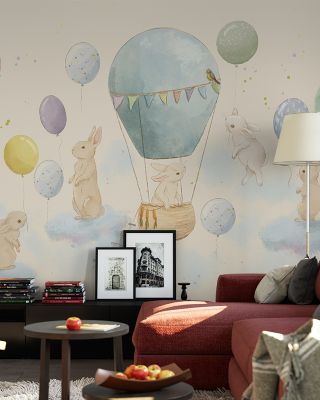 Rabbits & Balloons Whimsical Wallpaper