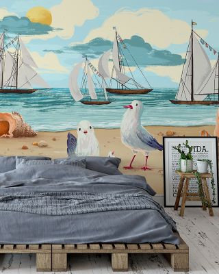 Seagull Regatta Coastal Seaside Wallpaper
