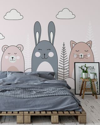 Sleeping Bunny Pink Whimsical Wallpaper