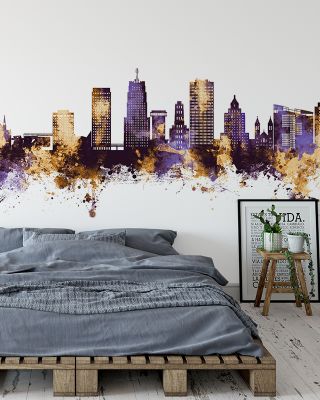 Akron Ohio Skyline Purple & Gold Wallpaper Mural