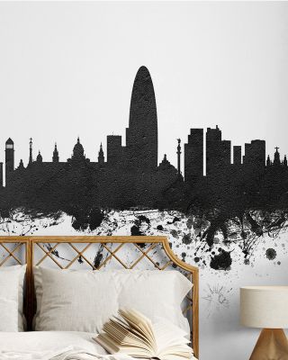 Barcelona Skyline Black & White Wallpaper Mural