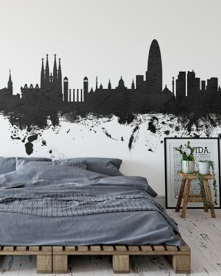 Barcelona Skyline Black & White Wallpaper Mural