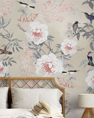 Birds of Eden Wallpaper Mural in Beige Background