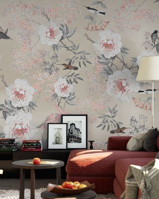 Birds of Eden Wallpaper Mural in Beige Background