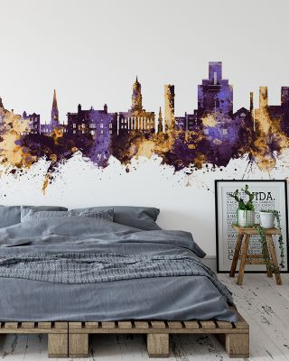 Birkehead England Skyline Purple & Gold Wallpaper Mural