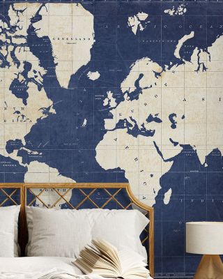 Blueprint World Map Dark Wallpaper Mural