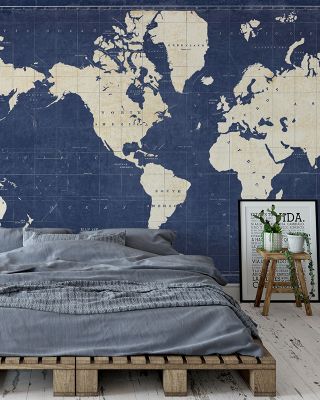 Blueprint World Map Dark Wallpaper Mural