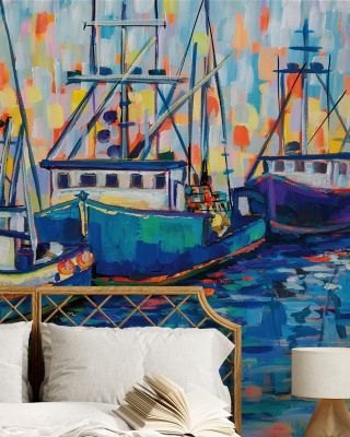 Boats in Harbor Wallpaper Mural