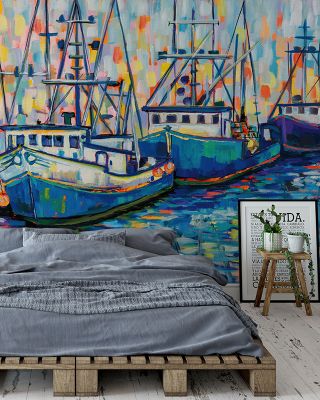 Boats in Harbor Wallpaper Mural