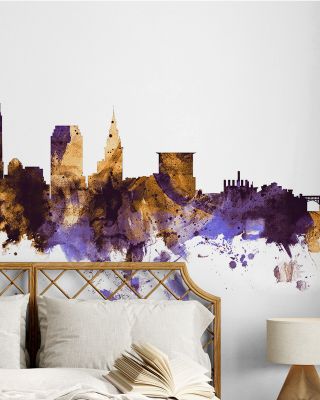 Cleveland Ohio Skyline Purple & Gold Wallpaper Mural