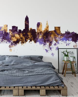 Cleveland Ohio Skyline Purple & Gold Wallpaper Mural