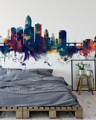 Des Moines Iowa Skyline Blue & Bronze Wallpaper Mural