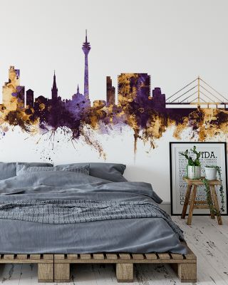 Düsseldorf Germany Skyline Purple & Gold Wallpaper Mural