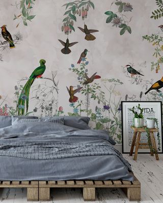 Fields of Birds and Flowers in Sand Background Wallpaper Mural