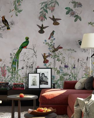 Fields of Birds and Flowers in Sand Background Wallpaper Mural