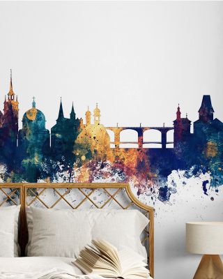 Fribourg Switzerland Skyline Blue & Bronze Wallpaper Mural