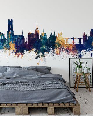 Fribourg Switzerland Skyline Blue & Bronze Wallpaper Mural