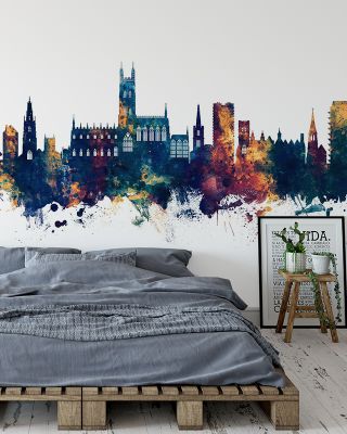 Gloucester England Skyline Blue & Bronze Wallpaper Mural