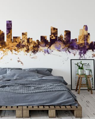 Grand Rapids Michigan Skyline Purple & Gold Wallpaper Mural