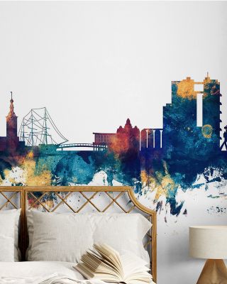 Halmstad Sweden Skyline Blue & Bronze Wallpaper