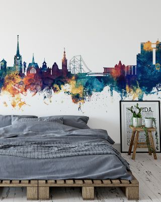 Halmstad Sweden Skyline Blue & Bronze Wallpaper