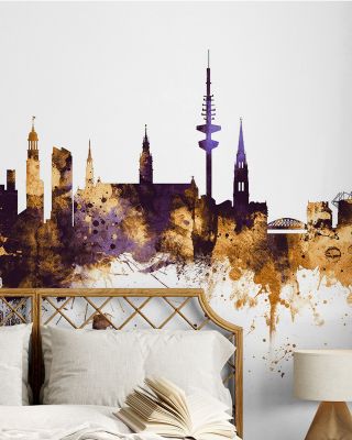 Hamburg Germany Skyline Purple & Gold Wallpaper