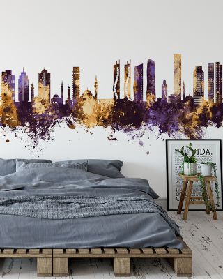 Izmir Turkey Skyline Purple & Gold Wallpaper