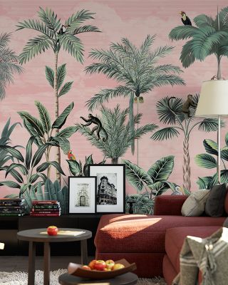 Jungle Delight, Peach Tropical Wallpaper