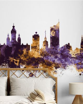 Leipzig Germany Skyline Purple & Gold Wallpaper
